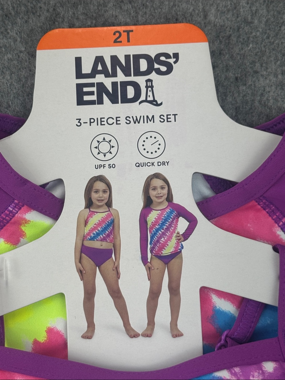 Lands' End 3 Piece Swim Set Girls Purple Geometric UPF 50 Quick Dry